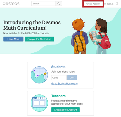 desmos home page, create account is highlighted