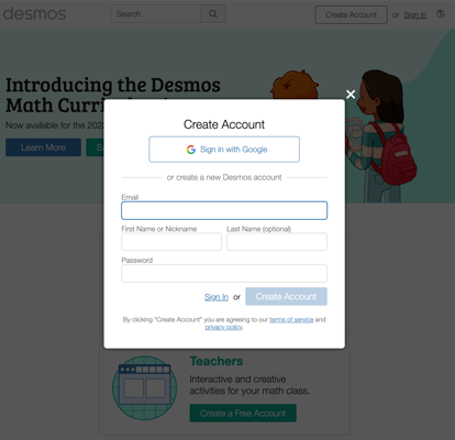 desmos home page, create account modal displays