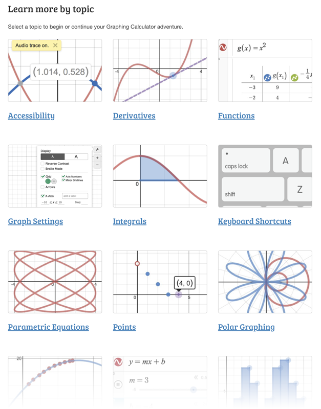 Screenshot of Desmos' learn more by topic section