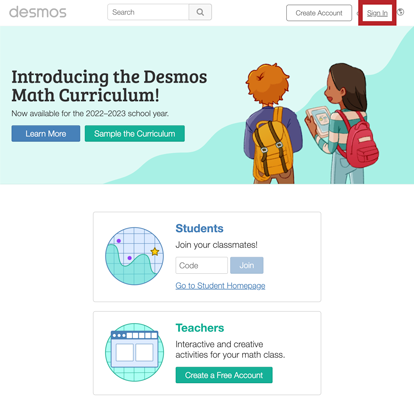 Desmos home page, sign in is highlighted