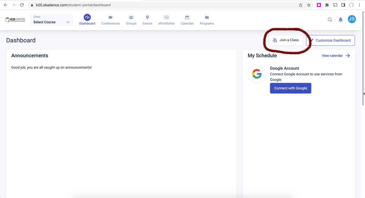eKadence dashboard, join a class button is highlighted