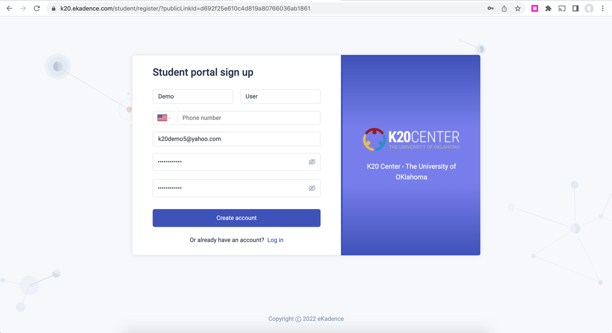 ekadence student portal sign up form