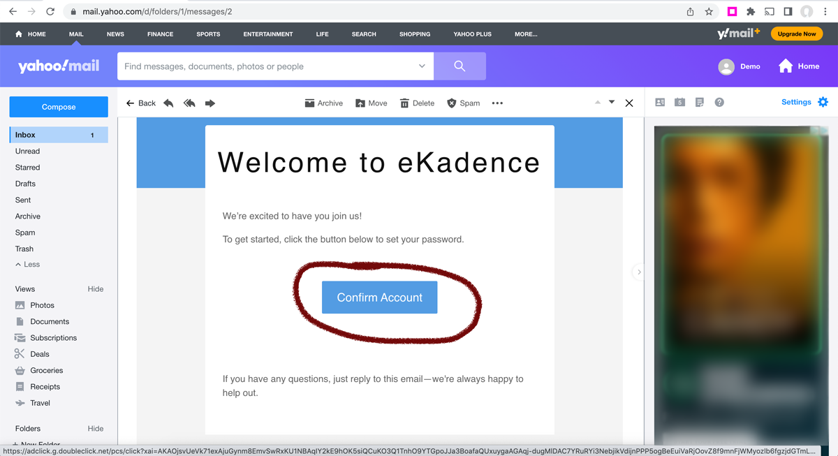eKadence email, confirm account
