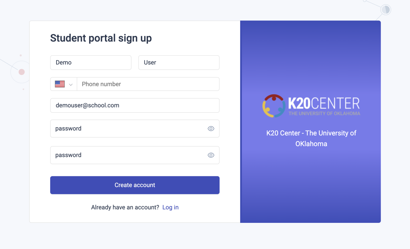 completed student portal sign up form