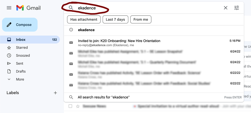 Gmail search bar with 'eKadence''