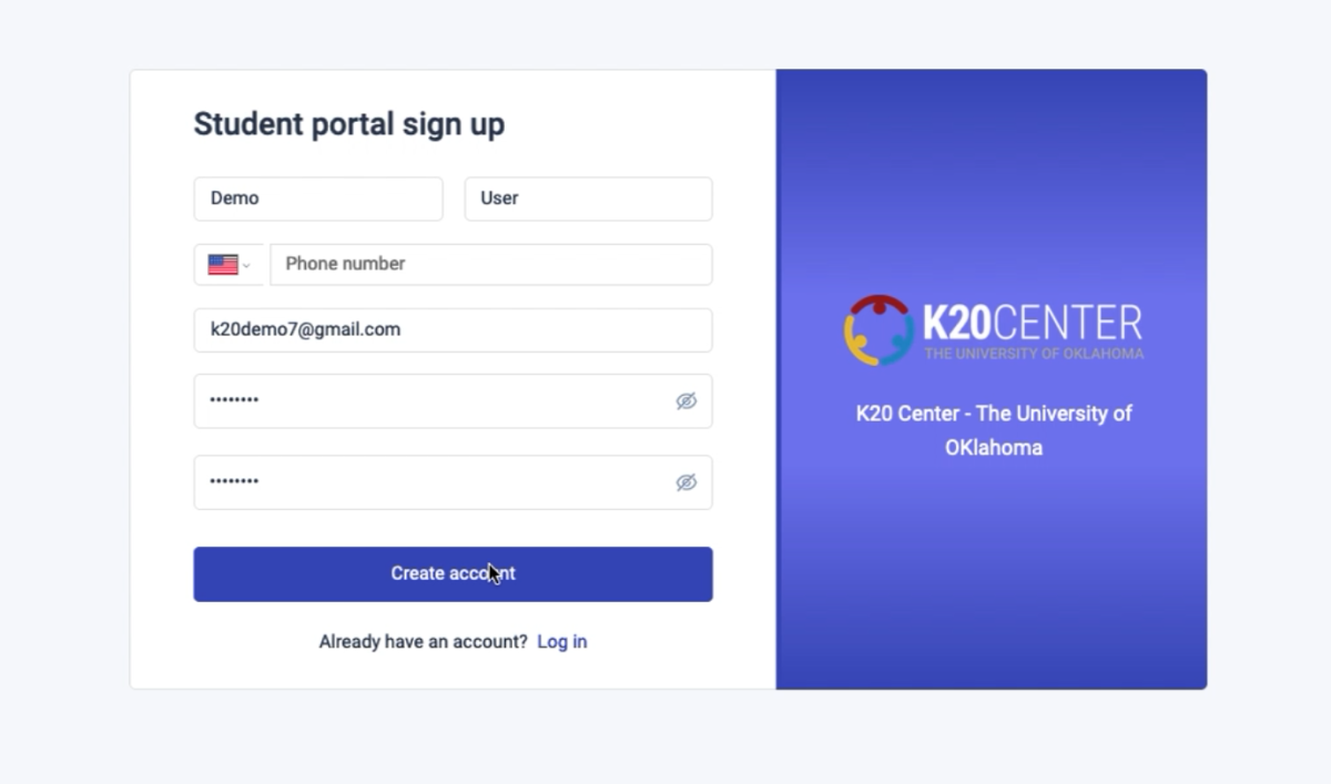 eKadence Student portal sign up form